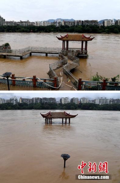 6月11日拍摄的洪水继续退去后的三明江滨公园（上）。6月10日拍摄的被淹的三明江滨公园（下）。（拼接图片）据福建省三明市防汛办6月11日8时发布的信息显示，目前全市河流水位均退至警戒水位以下，水势平稳。本过程受强降雨影响，金溪、沙溪、尤溪流域水位快速上涨，全市共11个县（市、区）发生超警戒以上水位洪水。张斌