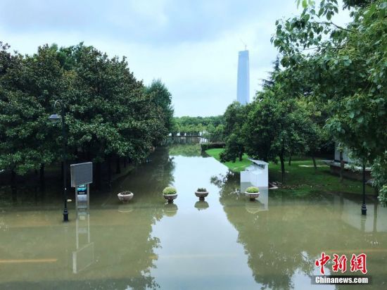 7月13日，武汉市汉口江滩公园内，江水已经蔓延至28.8米一级亲水平台。中新社记者
