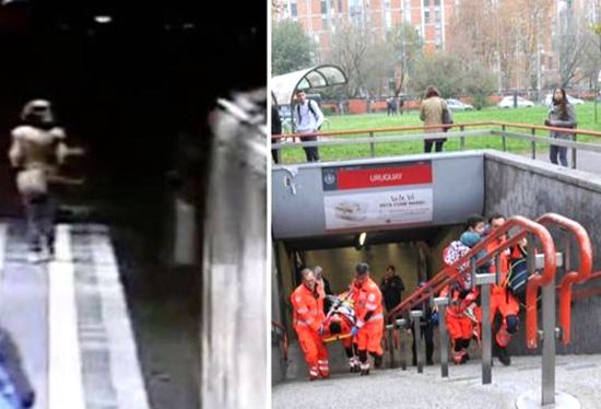图左：监控摄像记录闯入隧道的法国女子；图右：救护人员运送事故中受伤的乘客。