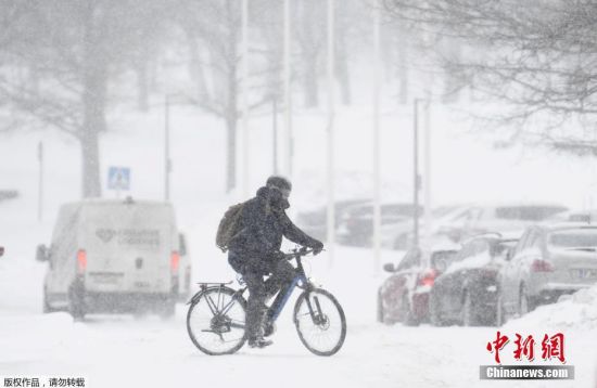 当地时间2021年1月12日，芬兰赫尔辛基，当地迎来大雪，一个人在大雪覆盖的街道上骑自行车。